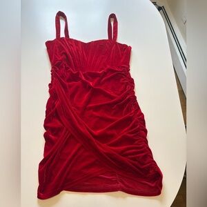 Red Velvet Ruched Spaghetti Strap Dress